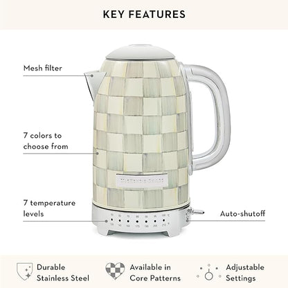 MACKENZIE-CHILDS Electric Kettle, Stainless-Steel Tea Kettle, Gray-and-White Sterling Check