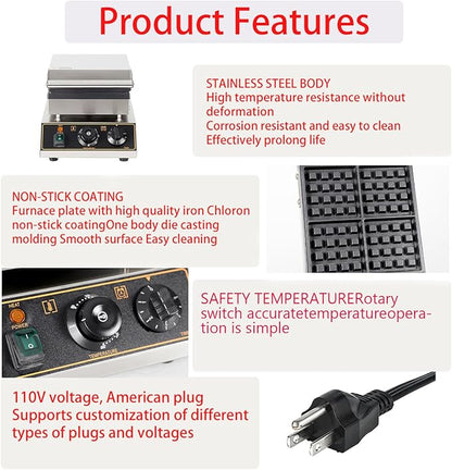 Commercial Square Electric Stainless Steel Waffle Maker Machine 2000W, 4 Slice Nonstick Waffle Maker, Temperature and Time Control, for Restaurant Bakeries Snack Bar Home, 50~300℃