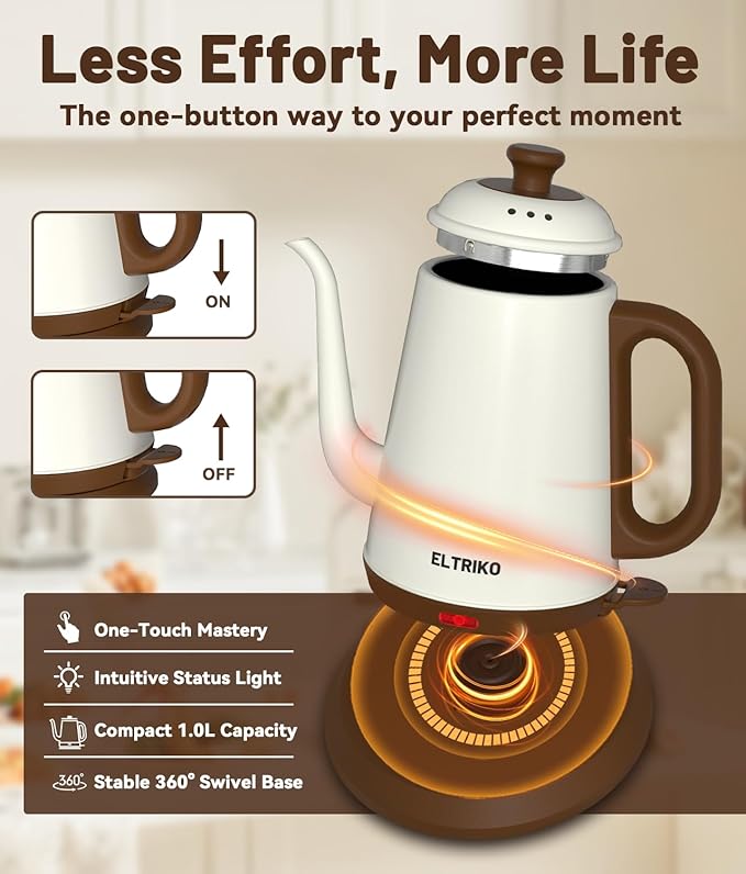 Gooseneck Electric Kettle, 1L Water Boiler, Pour Over Coffee & Tea, 1000W Fast Heating, Stainless Steel, Auto Shut-Off & Boil-Dry Protection, BPA-Free (White)