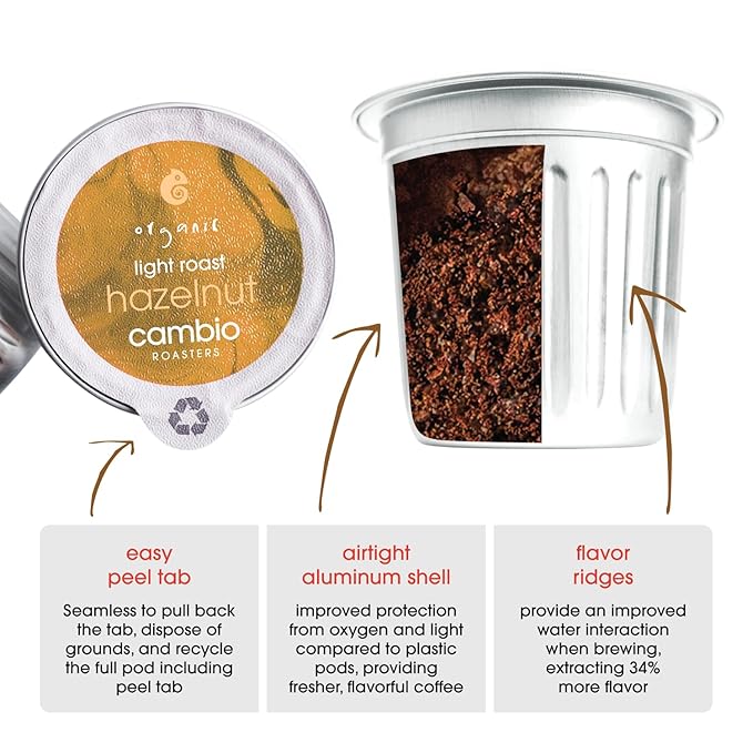 Cambio Roasters Organic Hazelnut Coffee Keurig KCups, Only Aluminum K Cup for Better & Longer Lasting Flavor, Nutty and Slightly Sweet Light Roast Kcup Keurig Coffee Pods, Lower Acid Kcups, 10 count