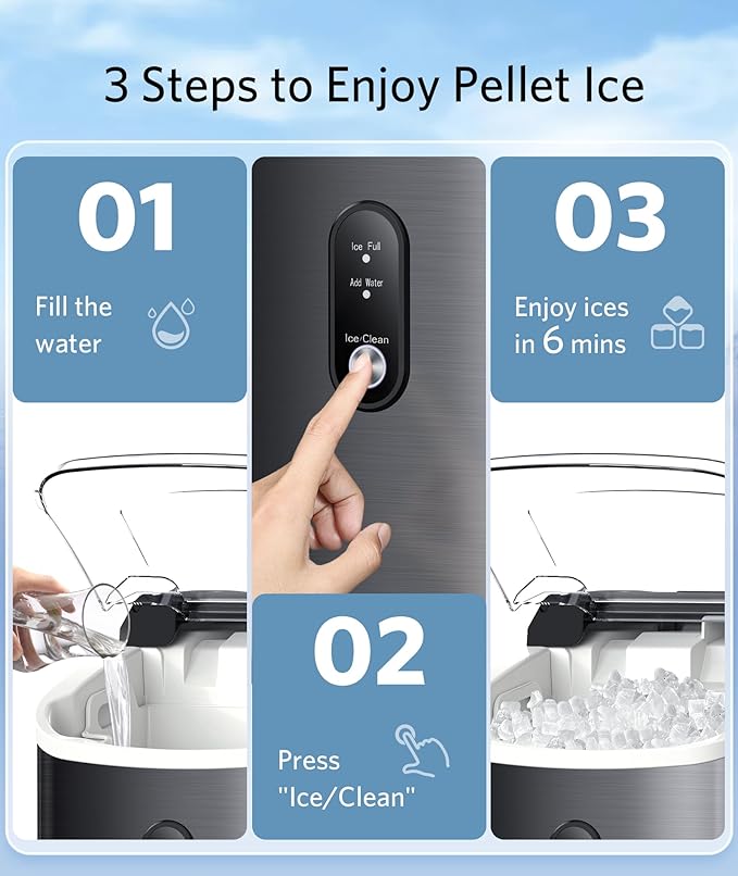 Nugget Ice Maker Countertop - Pebble Ice Maker with Self-Cleaning, 35lbs/Day, Ready in 6 Mins, Portable Sonic Ice Machine with Handle, Basket & Scoop for Home, Kitchen, RV, Outdoor (Black)