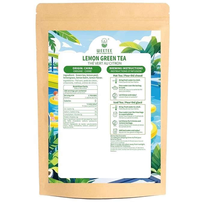 WT WEETEE Green Tea with Lemon, 100 Count Lemon Green Tea Bags, Flavored Green Leaves with Lemonpeel Lemongrass Lemonbalm