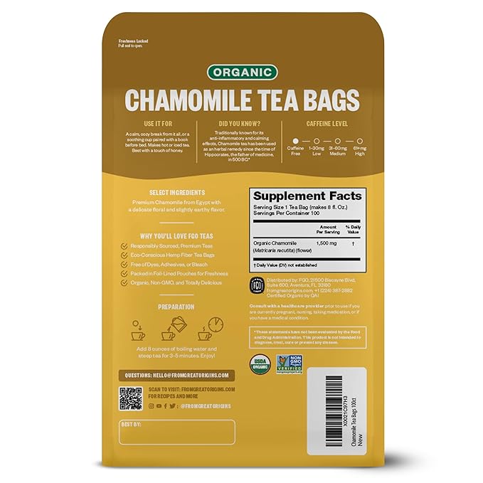FGO Organic Chamomile Tea, 100 Eco-Conscious Tea Bags, Caffeine Free, Resealable Bag, Packaging May Vary (Pack of 1)