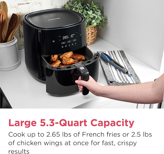 Frigidaire 3-in-1 Air Fryer, Large 5.3 QT Capacity, Digital Display, 3 Cooking Modes, 5 Recipe Presets, Automatic Shake Reminder, PFAS-Free Cooking Surfaces, Black