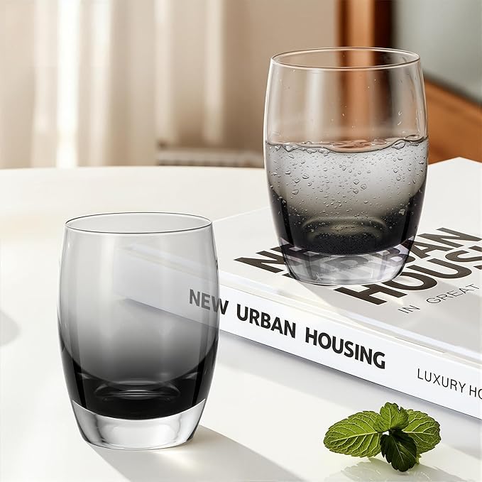 KAMMAK Smoky Gray Whiskey Glasses Set, 12.82 oz (380 ml) Old Fashioned Tumbler with Delicate Rim, Thick Heavy Bottom Glass & Seamless Design for Scotch, Bourbon, Cocktails