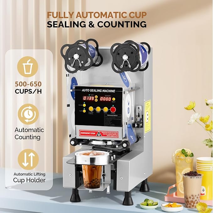 OlymStore Cup Sealing Machine Full Automatic, Electric Bubble Tea Machine, Cup Sealer Machine 500-650 Cups/H with Digital Control LCD Panel for Bubble Milk Tea Coffee, 88/89/90/95mm, Silver