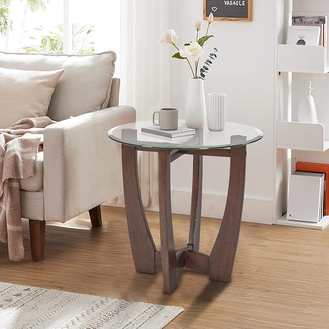 Glass End Table, 23.5" Round Side Tables with Tempered Glass Top Cross and Solid Wood Base Small Night Stand for Living Room Office Apartment Cherry