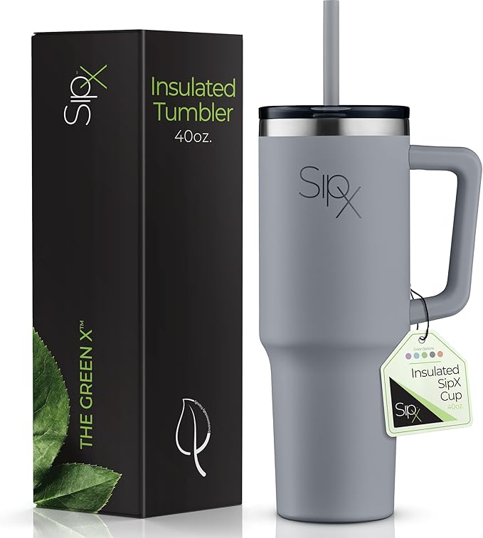 SIPX™ Insulated Tumbler With Lid And Straw, 40oz. Tumbler With Handle Keeps Cold 12 Hours, Water Bottle Thermos With Lid, BPA-Free Reusable Insulated Coffee Tumblers, Travel Mug Great For Beach Party