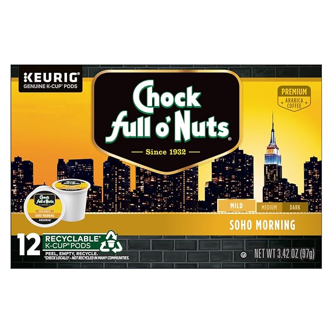 Chock Full o'Nuts Soho Morning Coffee, Mild Roast, Compatible with K-Cup Pods, 12 CT (Pack of 4)
