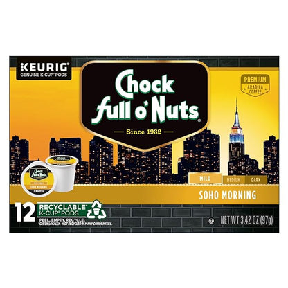 Chock Full o'Nuts Soho Morning Coffee, Mild Roast, Compatible with K-Cup Pods, 12 CT (Pack of 4)