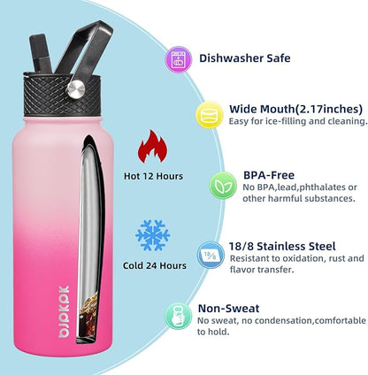 BJPKPK 2 Pack Insulated Water Bottles with Straw Lids, 32oz Stainless Steel Metal Water Bottle with 6 Lids, Leak Proof BPA Free Jugs, Cups, Flasks for Travel, Sports (Cherry+Black)