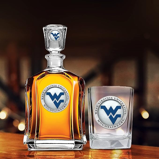 Heritage Pewter University of West Virginia Square Shot Glass | Hand-Sculpted 1.5 Ounce Shot Glass | Intricately Crafted Metal Pewter Alma Mater Inlay