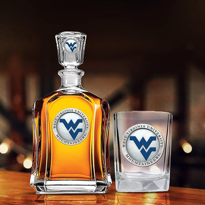 Heritage Pewter University of West Virginia Square Shot Glass | Hand-Sculpted 1.5 Ounce Shot Glass | Intricately Crafted Metal Pewter Alma Mater Inlay