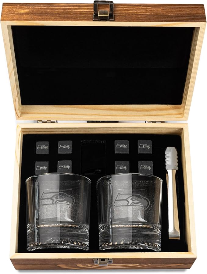 The Memory Company Officially Licensed NFL Wood Boxed Drinkware Set, with 2 Rocks Glasses and Cooling Cubes, Seattle Seahawks