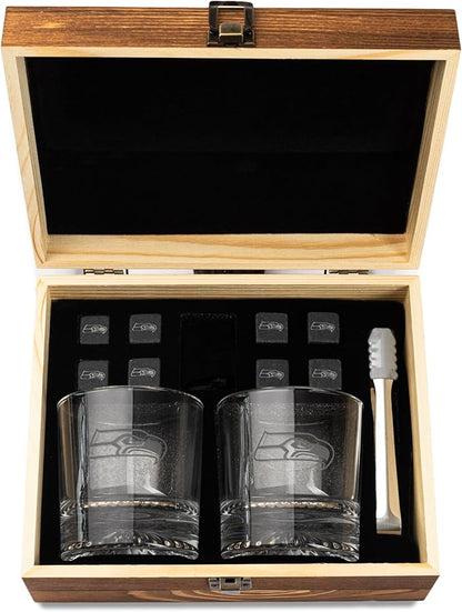 The Memory Company Officially Licensed NFL Wood Boxed Drinkware Set, with 2 Rocks Glasses and Cooling Cubes, Seattle Seahawks