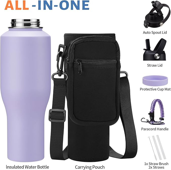 40 oz Water Bottle with Straw - Stainless Steel Insulated Water Bottle w/Survival Paracord Handle & Carrier Bag, Keep Cold-48H & Hot-24H, Thermo Coffee Cups Fits in Car Cup Holder