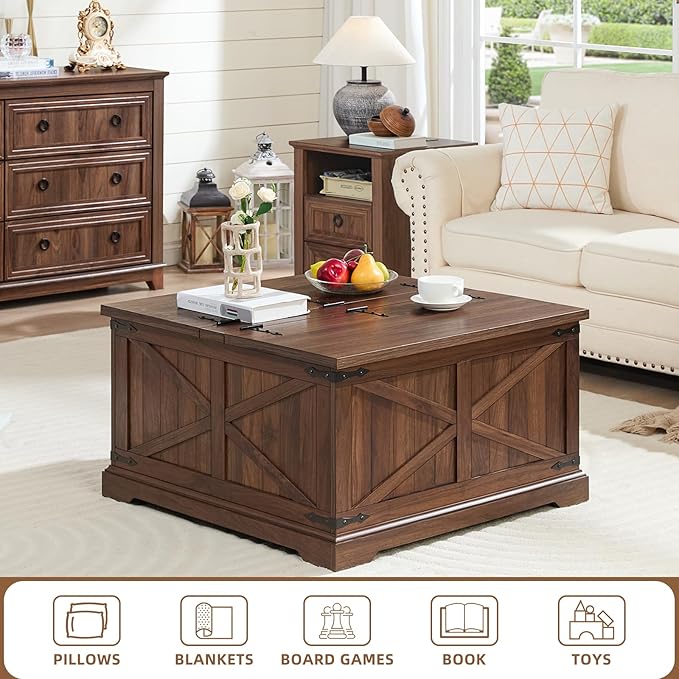 Farmhouse Coffee Table with Large Hidden Storage Compartment, Brown Retro Square Center Table, Wood Rustic Low Modern Living Room Tables with Hinged Lift Brown Top & Wooden Arc Base