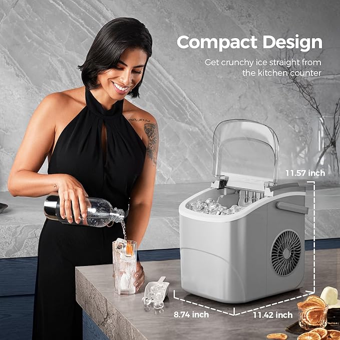 Ice Makers Countertop,26Lbs/24H,9 Cubes in 6 Mins,Portable Ice Maker Machine with Self-Cleaning,2 Sizes of Bullet Ice,Perfect for Home Kitchen(Grey)
