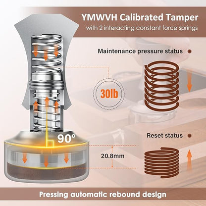 Espresso Tamper 53.3mm, YMWVH Premium Barista Espresso Coffee Tamper Silver with Dual Spring Loaded 100% Stainless Steel Ripple Base, Constant 30lb, Compatible with Breville 54mm Portafilter