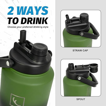 NATURE PIONEOR One Gallon Water Bottle Insulated - Large Double Vacuum Stainless Steel 128 oz Water Bottle with Holder/Carrier, 1 Gallon Water Jug 2 in 1 LID, Flip Straw and Spout, Wide Mouth