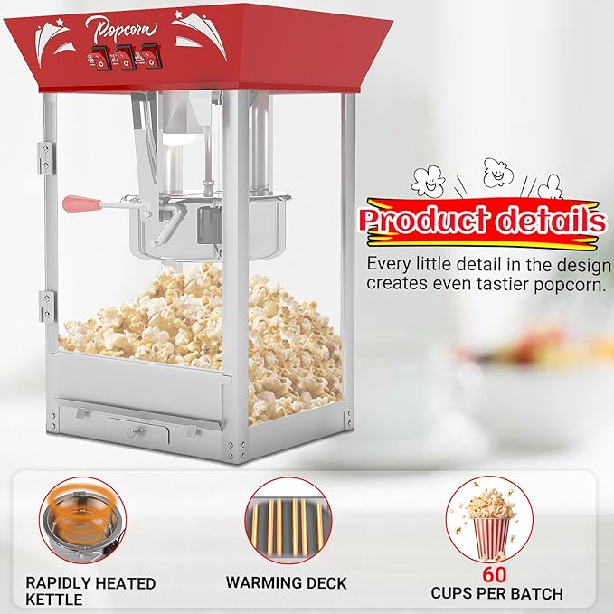 Vintage Popcorn Machine, 12oz Popper Stainless-Steel Kettle & Warming Light, Makes Up to 60 Cups, Ideal for Family Gatherings, Movie Theaters & Amusement Parks, Red
