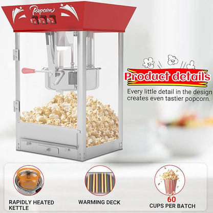 Vintage Popcorn Machine, 12oz Popper Stainless-Steel Kettle & Warming Light, Makes Up to 60 Cups, Ideal for Family Gatherings, Movie Theaters & Amusement Parks, Red