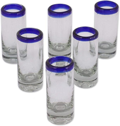 NOVICA Artisan Crafted Hand Blown Clear Blue Rim Recycled Glass Shot Glasses, 2 Oz. 'Tequila Blues' (Set Of 6)