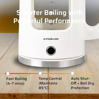 Epsilon 1.7L Glass Electric Kettle – Hot Water Tea Kettle with LED Light, Stainless Steel & Borosilicate Glass, Auto Shut-Off, BPA-Free Electric Teapot, 1100W Fast Boil, Cool Touch