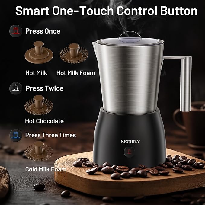 Secura Detachable Milk Frother, 17oz Electric Milk Steamer Stainless Steel, Automatic Hot/Cold Foam and Hot Chocolate Maker with Dishwasher Safe, 120V