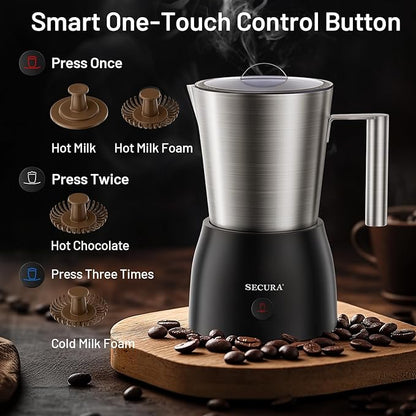Secura Detachable Milk Frother, 17oz Electric Milk Steamer Stainless Steel, Automatic Hot/Cold Foam and Hot Chocolate Maker with Dishwasher Safe, 120V