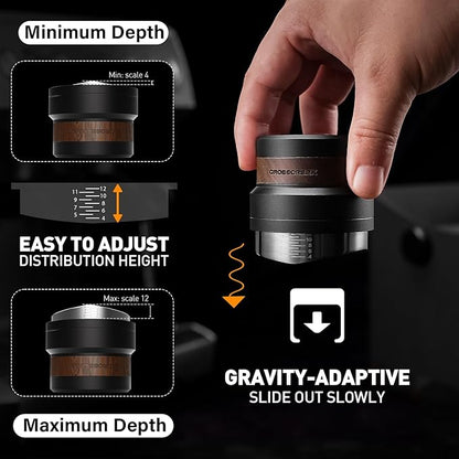 CrossCreek Coffee Distributor | 54mm Gravity Adaptive Espresso Tools Fits 54mm Breville Espresso Portafilters | Self-leveling Distribution Tools | Stainless Steel & Walnut | Espresso Accessories