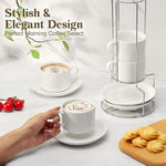 Load image into Gallery viewer, 5 Ounce White Porcelain Stackable Espresso Cups with Stainless Steel Holder, Set of 4, Durable Ceramic, Perfect for Home, Office or Gift