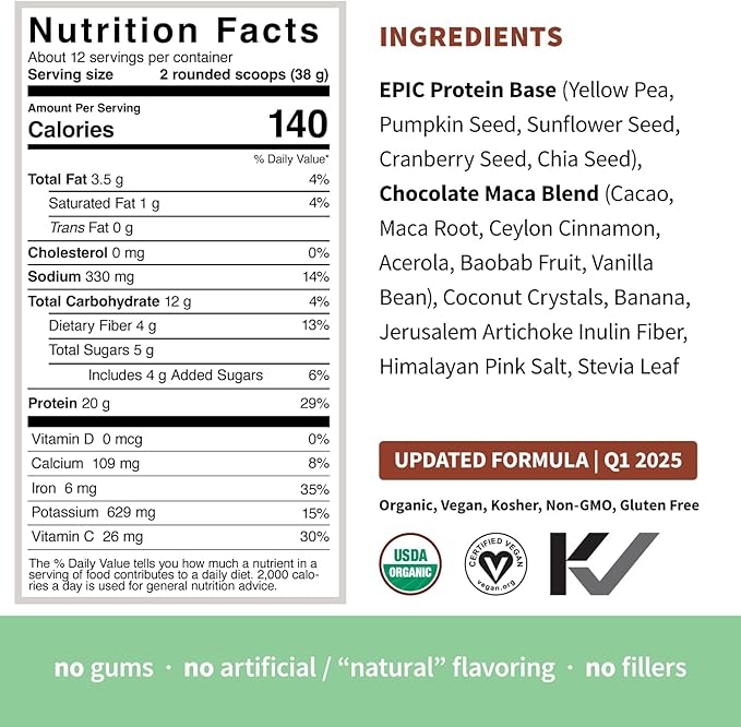 Sprout Living Epic Protein, Plant Based Protein & Superfoods Powder, Chocolate Maca Powder | 20 Grams Organic Protein Powder, Vegan, Non Dairy, Non-GMO, Gluten Free, Low Sugar (1 Pound, 12 Servings)