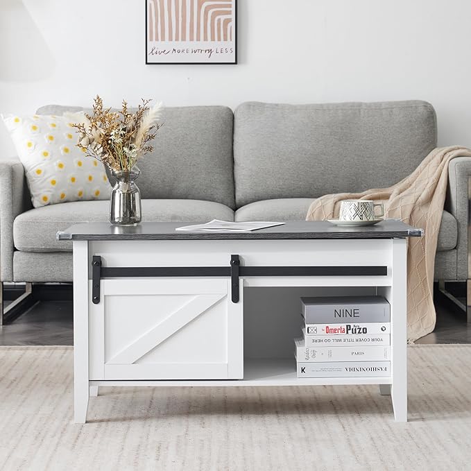 VINGLI White Charcoal Lift Top Coffee Table, 36" Small Farmhouse Barn Door Coffee Table with Storage, Rectangular Center Wood Coffe Table with Lifting Top, Living Room Tables with Hidden Compartment