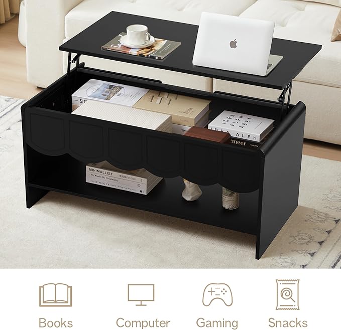 Lift Top Coffee Table with Hidden Compartment, 2 Tier Wooden Center Table with Wave Panel, Modern Lift Tabletop for Home Living Room Office, Black