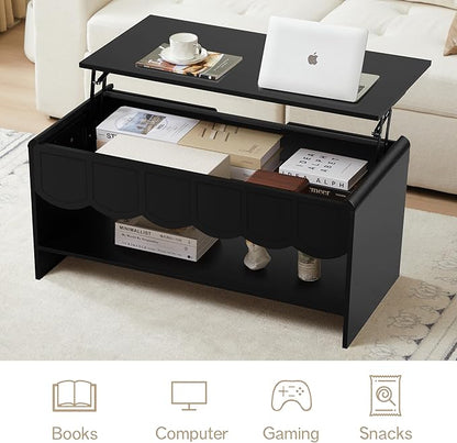 Lift Top Coffee Table with Hidden Compartment, 2 Tier Wooden Center Table with Wave Panel, Modern Lift Tabletop for Home Living Room Office, Black