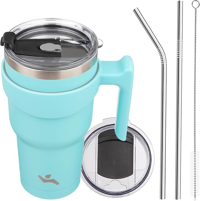 30 oz Tumbler with Handle and 2 Straw 2 Lid, Insulated Water Bottle Stainless Steel Vacuum Cup Reusable Travel Mug,Turquoise