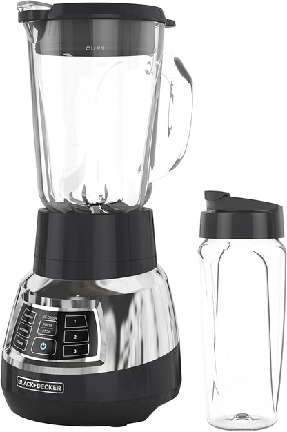 Black+Decker Quiet Blender with 6-Cup Cyclone Glass Jar, 3 Speeds + 3 Functions & Serrated Blade Technology for Faster Blending, Pulse Button and 24-oz Personal Jar, 900W