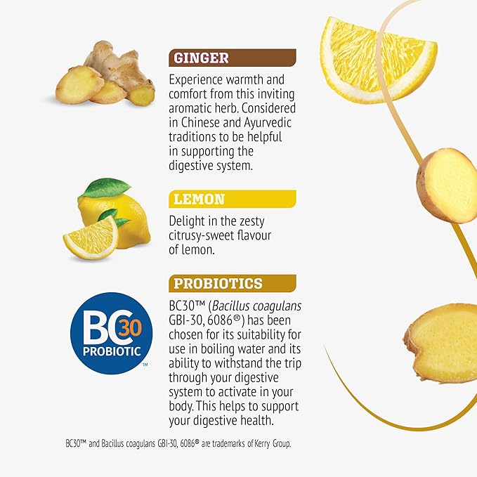 Twinings Superblends Probiotics+ Lemon & Ginger Flavoured Herbal Tea with Turmeric, Caffeine-Free, 18 Count (Pack of 1), Enjoy Hot or Iced, 18 Teabags