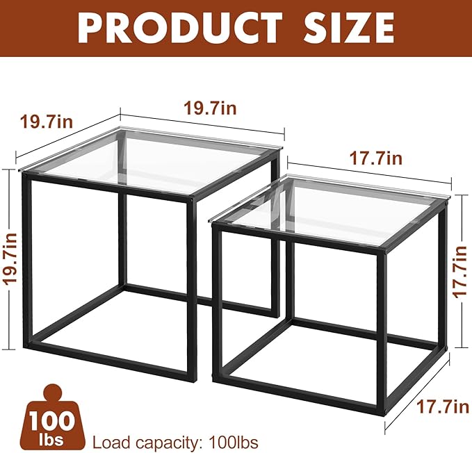 VILAWLENCE Coffee Table Set of 2, Modern Black Glass Side Table, Metal Frame Square End Table, Center Tables,Nesting Coffee Table for Living Room,Bedroom and Small Spaces
