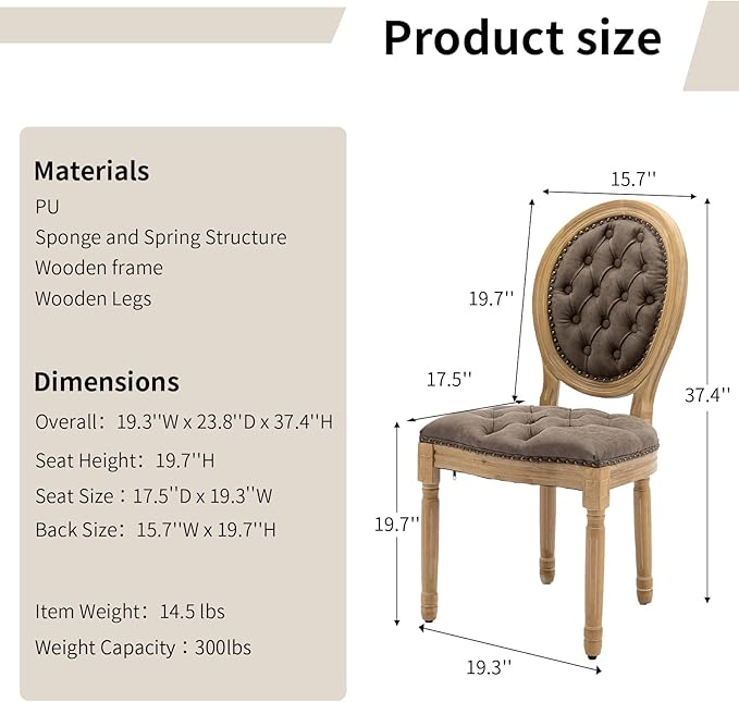 Vintage French Country Dining Chairs Set of 2, PU Leather Dining Chairs with Solid Wood Legs, Brown Upholstered Dining Chair, Sillas para Comedor, Kitchen & Dining Room Chair (Brown, PU, 2Pcs)