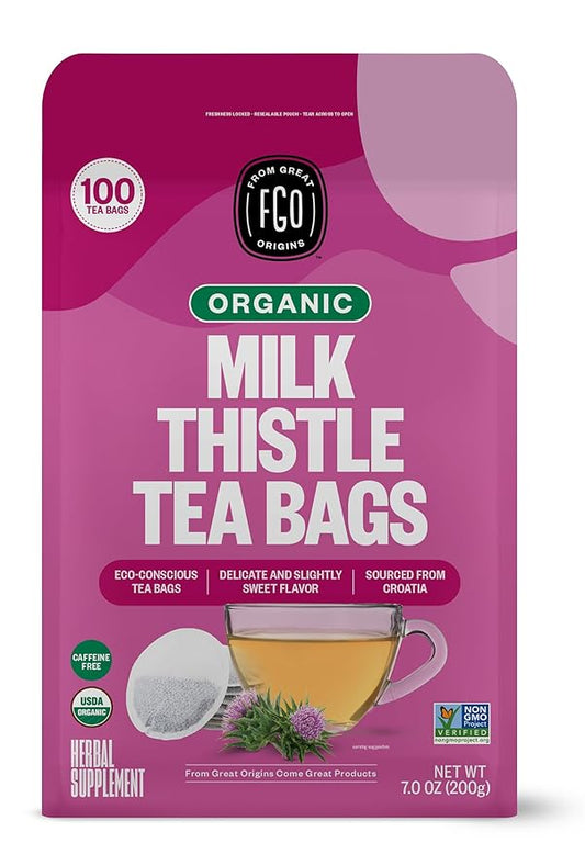 FGO Organic Milk Thistle Tea, 100 Count, Eco-Conscious Herbal Tea Bags, Resealable Bag, Caffeine Free, Packaging May Vary (Pack of 1)
