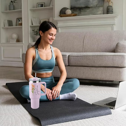 Personalized 40 Oz Tumbler with Handle and Straw, Custom Cup with Name & Birth Flower, Stainless Steel Travel Coffee Tumbler,Personalized Christmas Birthday Gifts for Women, Teen Girls