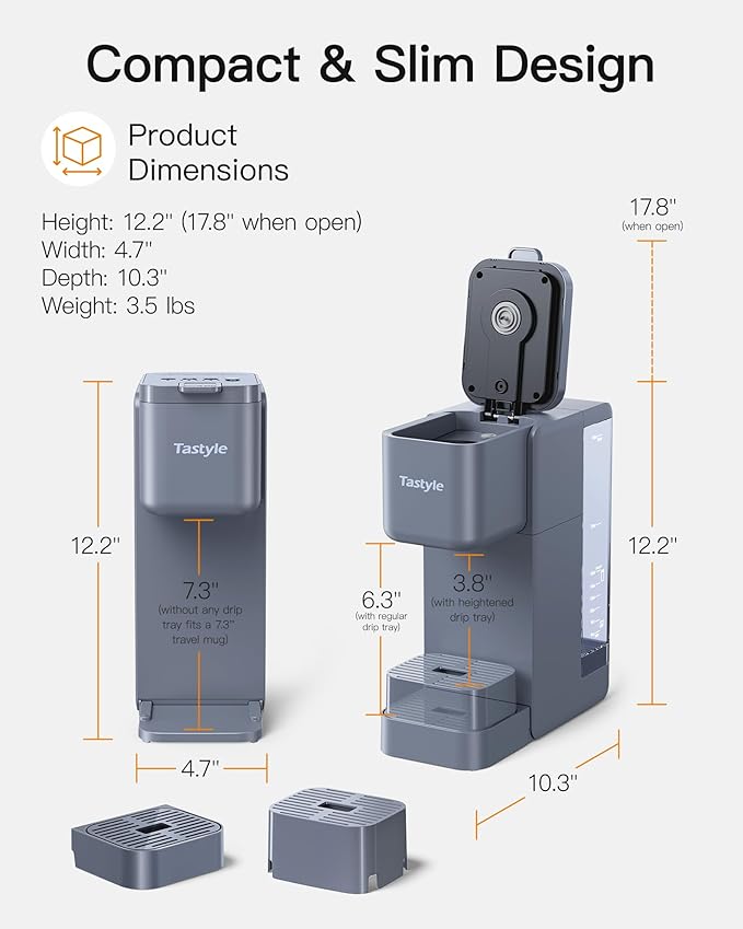 Single Serve Hot & Iced Coffee Maker with Strong Brew, 40oz Removable Reservoir, 6 Brew Sizes, Compatible with K Cup and Grounds, Compact for Home, Office, RV and Dorm, Gray (2.0 Version)