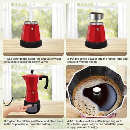Electric Aluminum Moka Pot 5-6 Cup 270ml Espresso Maker with Detachable Base Ideal Coffee Makers for Home MochaPot Italian and Cuban Café Coffeemaker Espressomaker CoffeePot Red