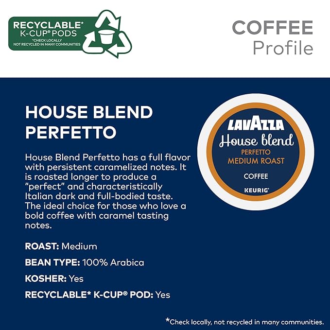 Lavazza House Blend Perfetto, Single-Serve Keurig K-Cup Pods, Medium Roast Coffee, 88-Count Box (4 Packs of 22)