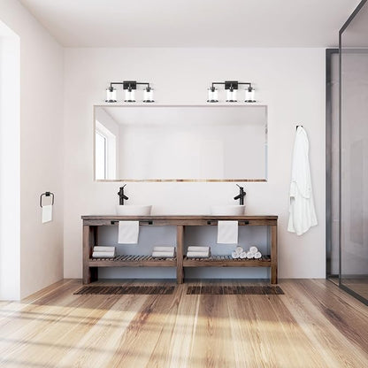 GLOBE Electric 52059 Harlow 5-Piece All-in-One Bathroom Set, Matte Black, 3-Light Vanity Light with Clear Glass Shades, Towel Bar, Toilet Paper Holder, Towel Ring, Robe Hook