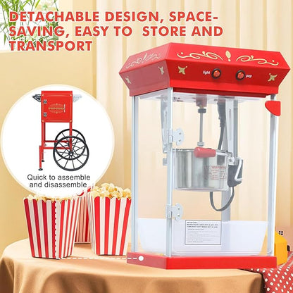 Popcorn Machine Maker With 8 Oz Kettle Makes Up to 32 Cups Popcorn Machine Cart Vintage-Style Popper on Wheels Popcorn Machines for Home (Red)