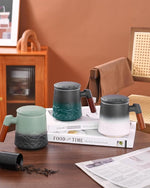 Load image into Gallery viewer, ZENS Tea Mug with Infuser and Lid for Loose Leaf Tea Steeper, 16.9oz Embossed Ceramic Tea Cup with Fine Tea Strainers, Wood Handle Large Diffusers Mugs for Tea Lovers Gifts