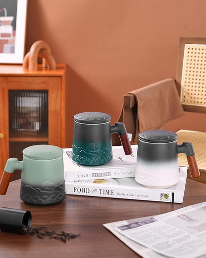 ZENS Tea Mug with Infuser and Lid for Loose Leaf Tea Steeper, 16.9oz Embossed Ceramic Tea Cup with Fine Tea Strainers, Wood Handle Large Diffusers Mugs for Tea Lovers Gifts